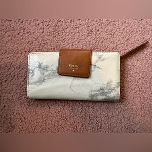 Fossil Marbled Leather Fold Wallet Id Credit Card Holder Tan Grey Ivory